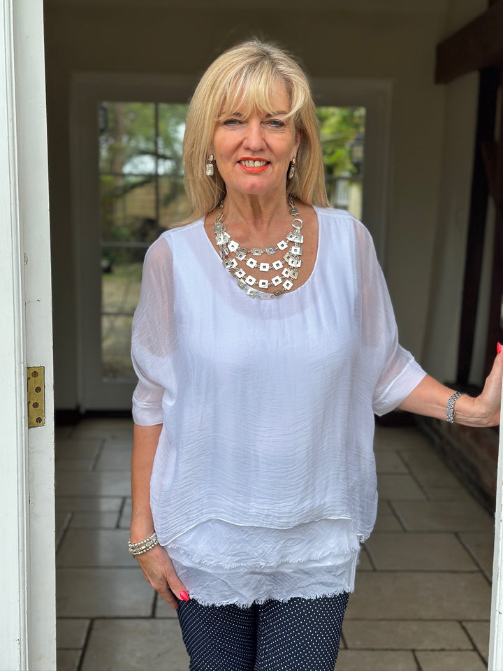 Silk Tiered Blouse Top | White