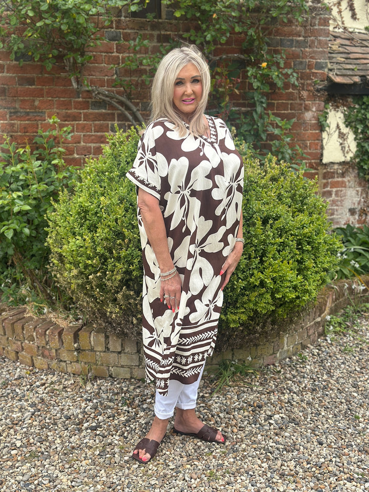 V-Neck Large Flower Tunic Dress | Brown