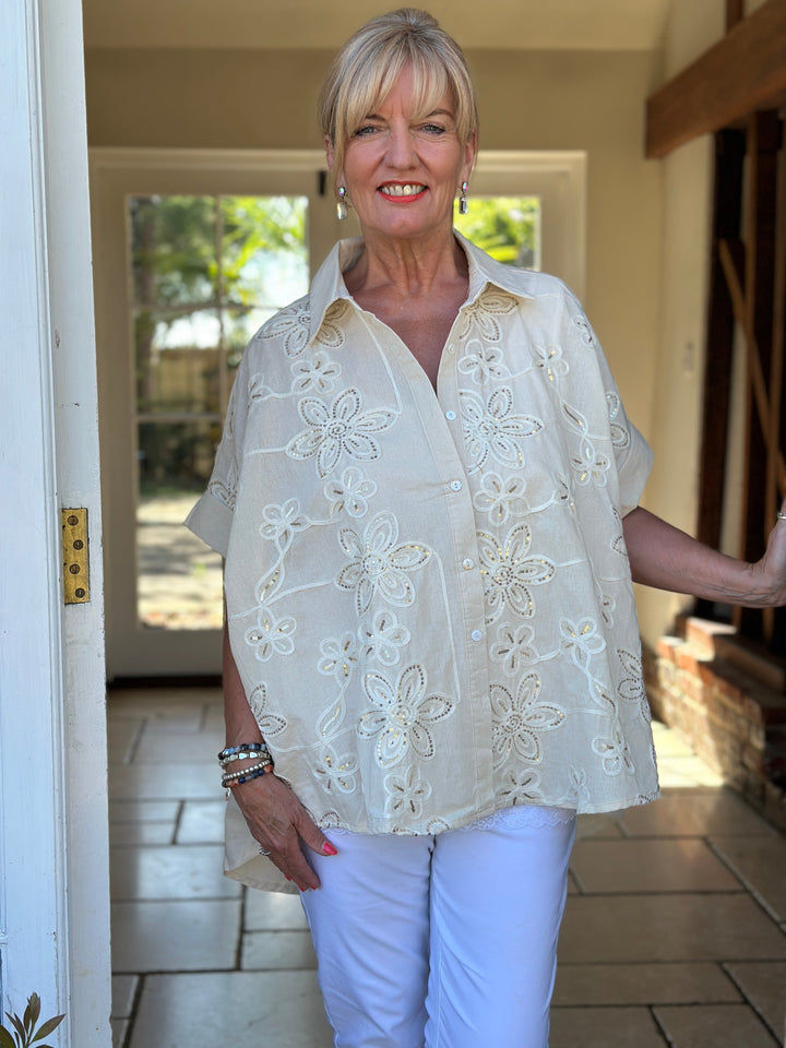 Sequin Floral Cotton Blend Shirt | Cream