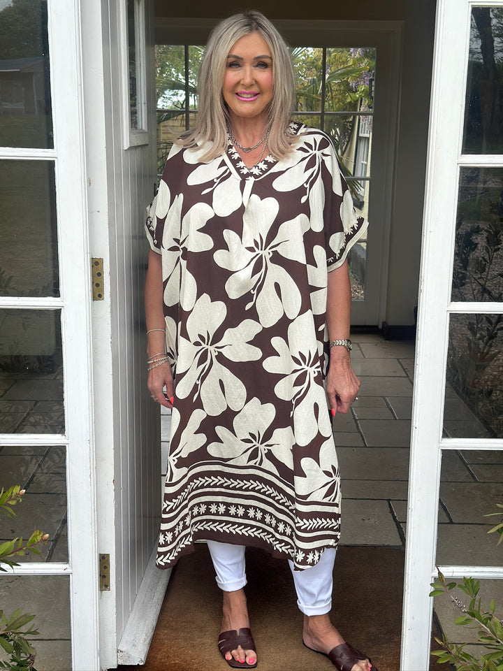 V-Neck Large Flower Tunic Dress | Brown