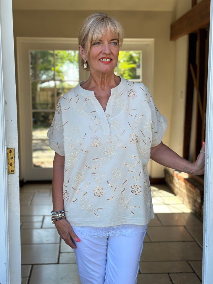 Rose Gold Sequin Floral Cotton Blend Top | Cream