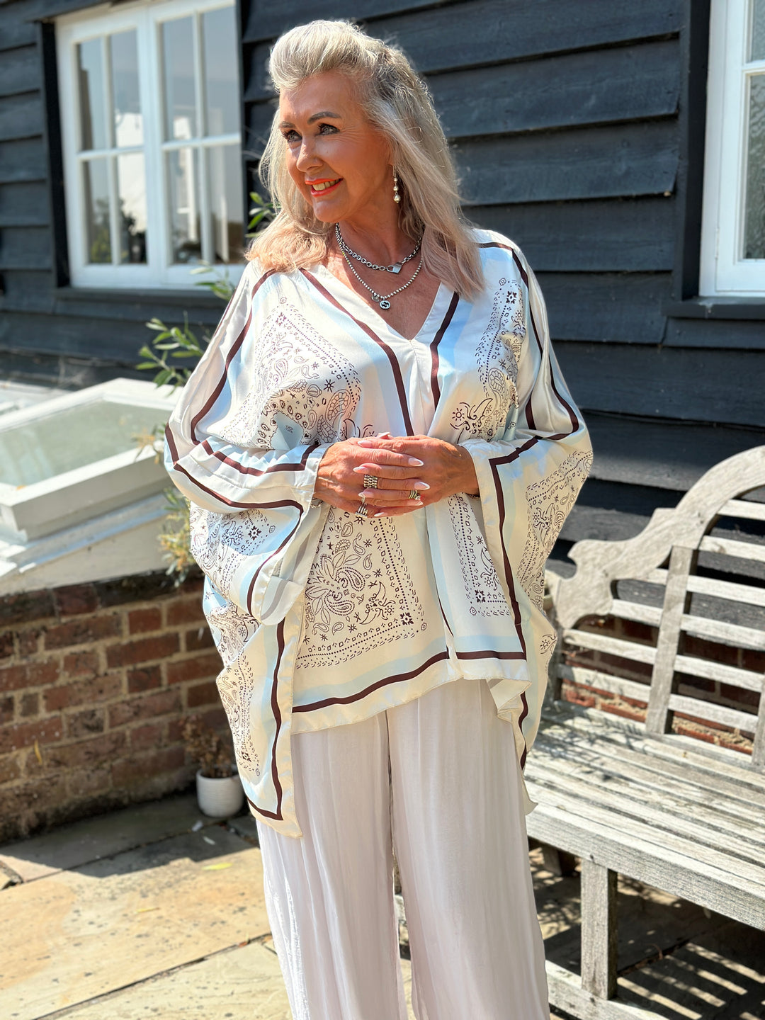 Paisley Kaftan Top | Ivory & Blue