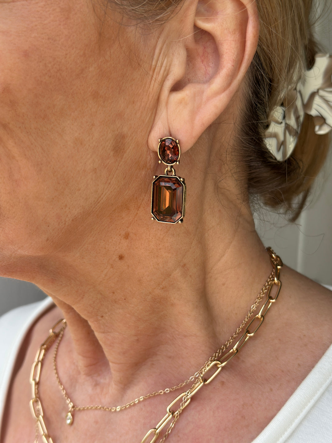 Oval & Square Gem Earrings | Deep Brown