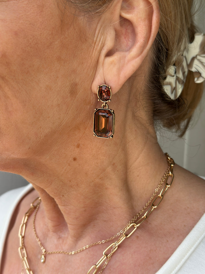 Oval & Square Gem Earrings | Deep Brown