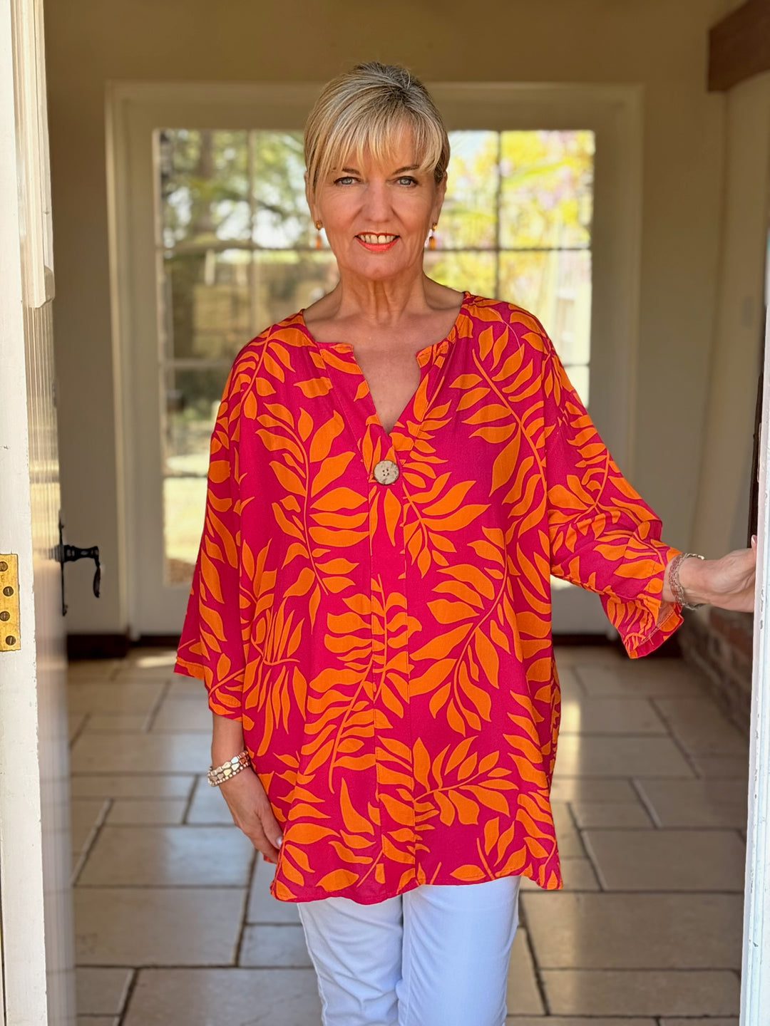 One Button Tunic Top Abstract Print | Fuchsia & Orange Leaf
