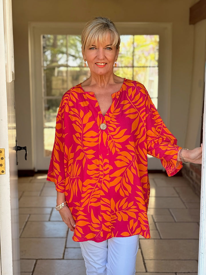 One Button Tunic Top Abstract Print | Fuchsia & Orange Leaf