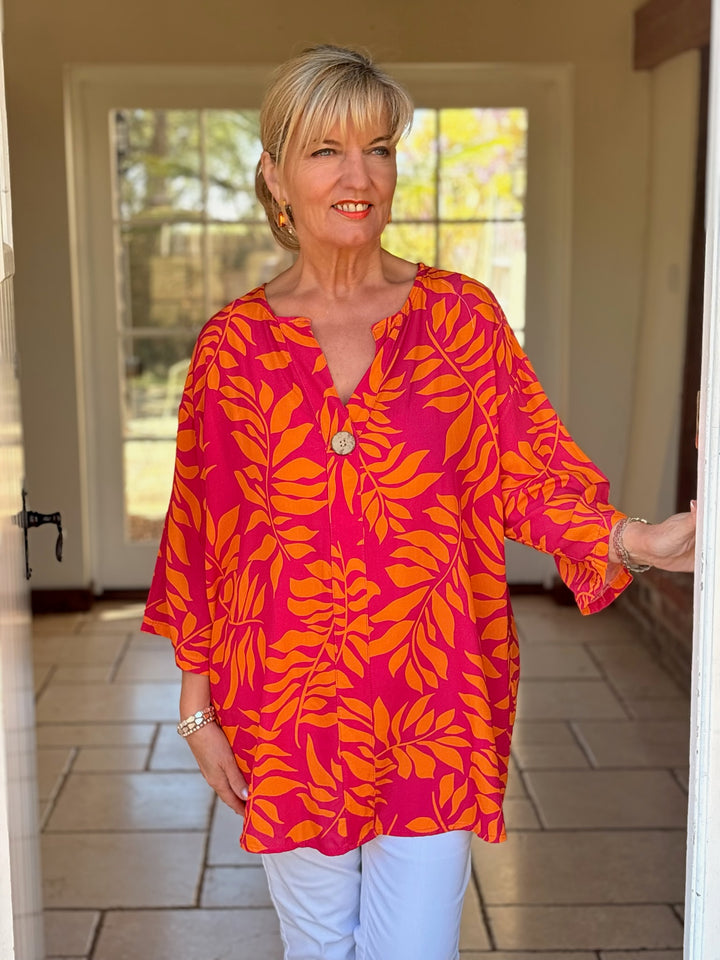 One Button Tunic Top Abstract Print | Fuchsia & Orange Leaf