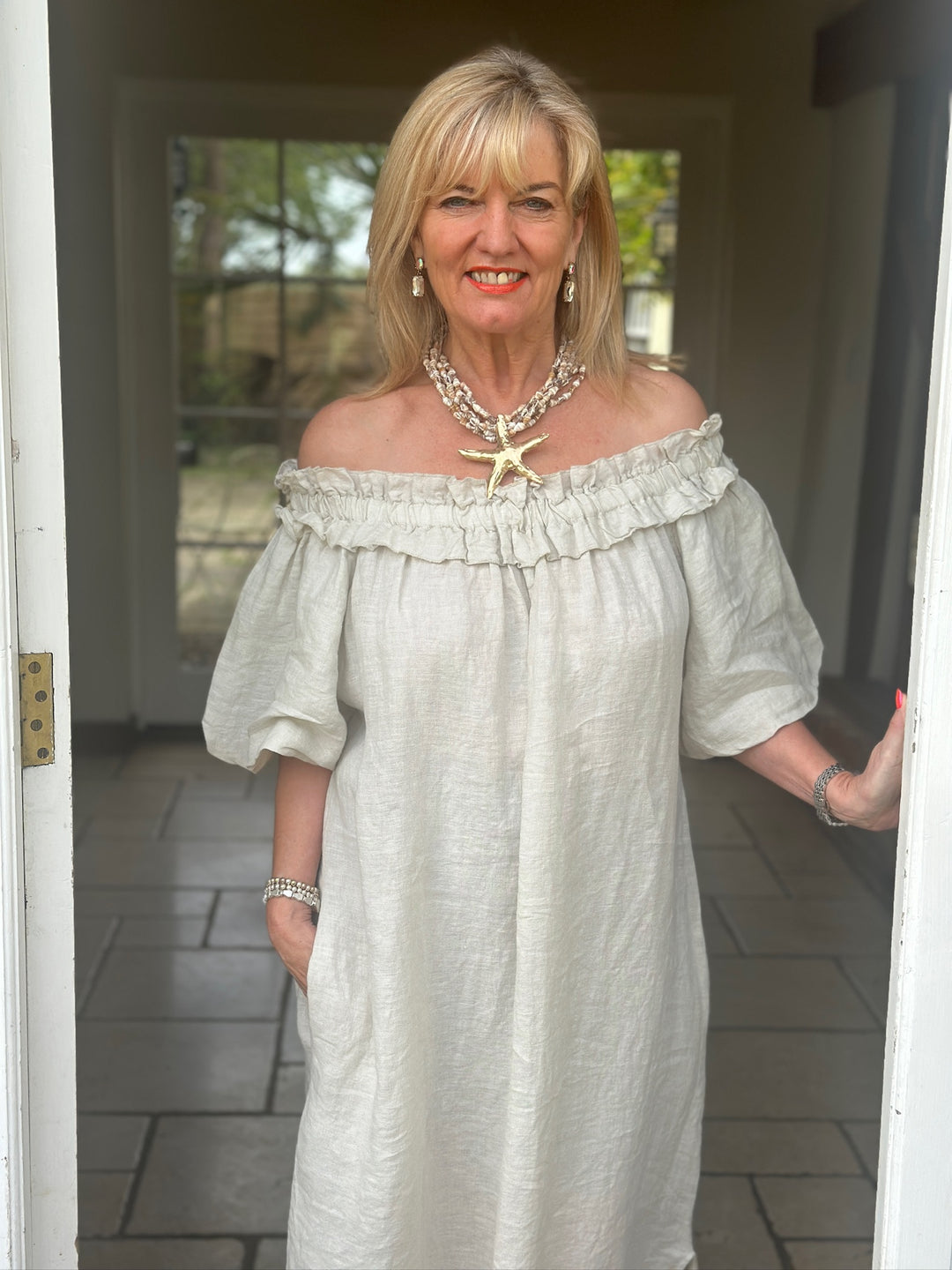 Ruffle Bardot Linen Dress | Stone