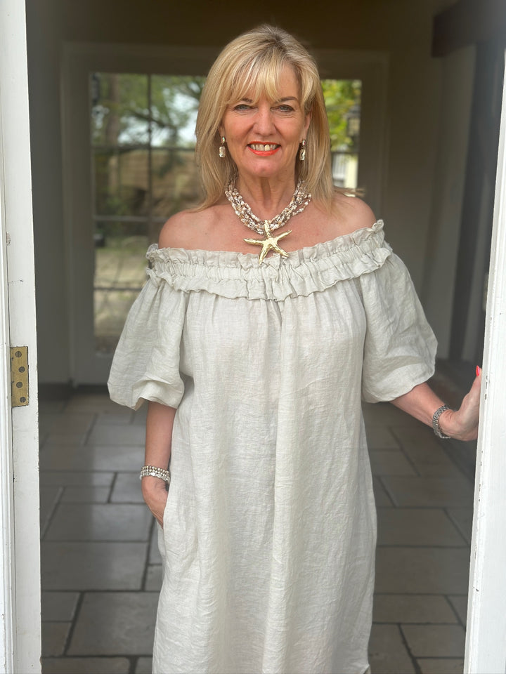 Ruffle Bardot Linen Dress | Stone