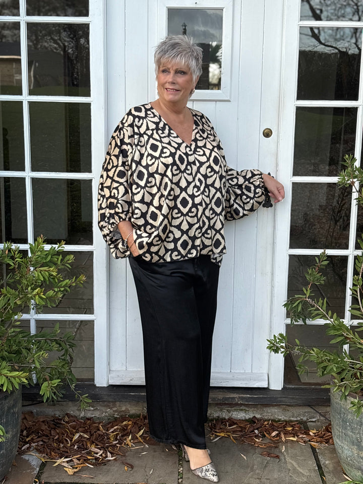 Satin Feel Floaty Trousers | Black