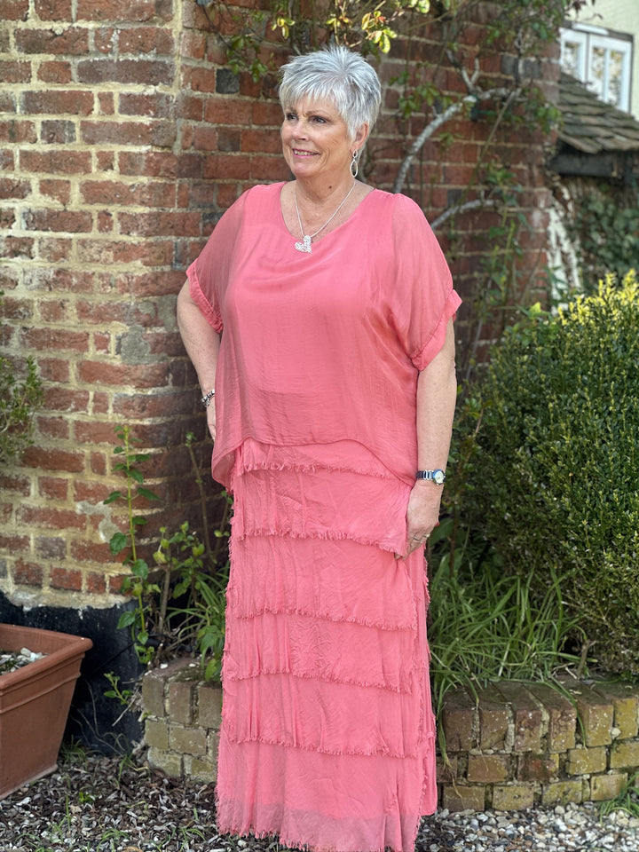 Silk Tiered Ruffle Dress | Coral