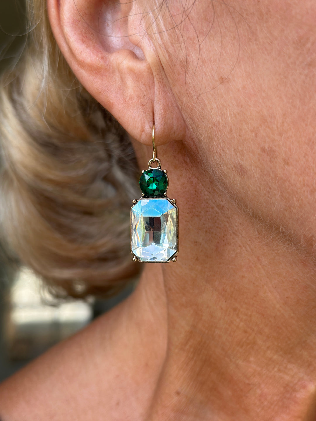 Hook Twin Gem Earrings | Clear & Emerald Green