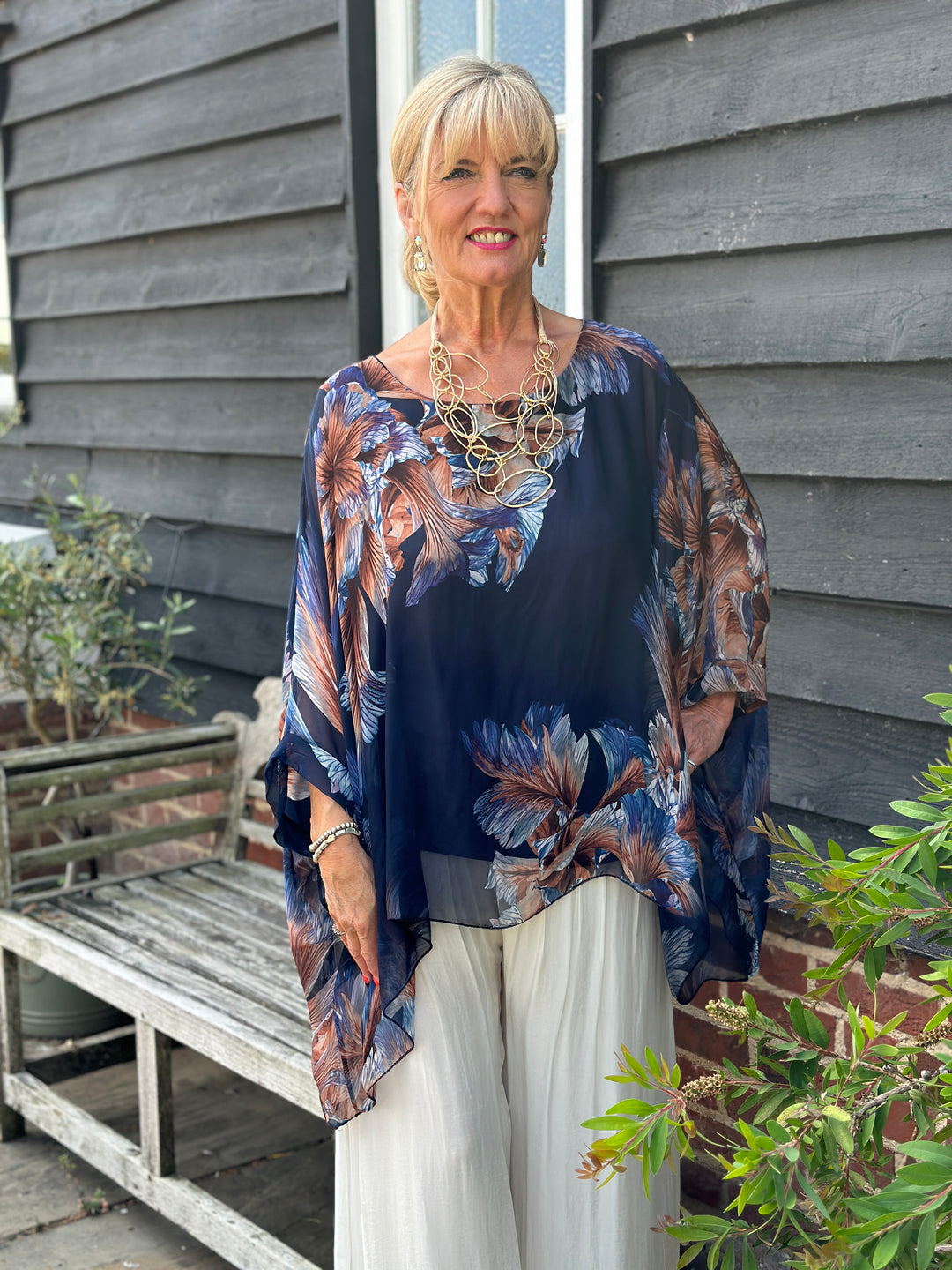 Mia Floral Silk Blouse | Navy