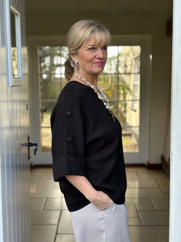 Elbow Length Button Detail V Neck Jumper - Malissa J | Black