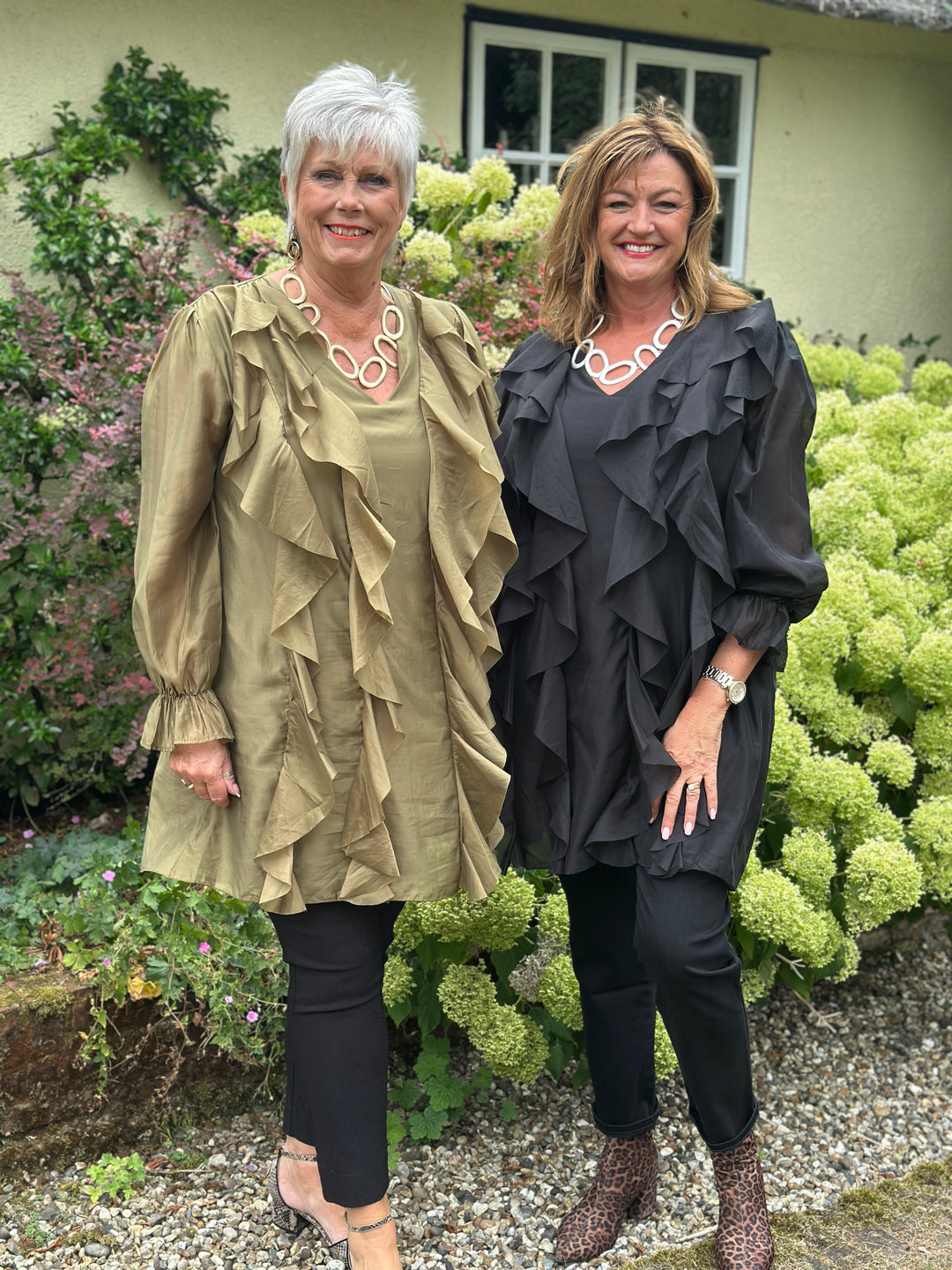 Ruffle Detail Sheer Tunic Blouse | Black