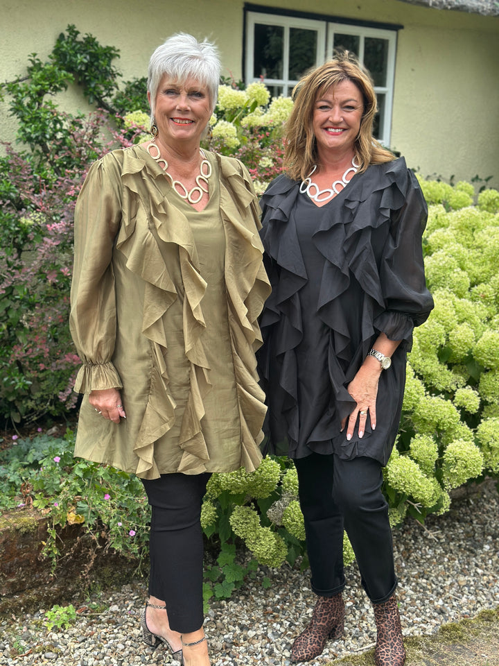 Ruffle Detail Sheer Tunic Blouse | Black