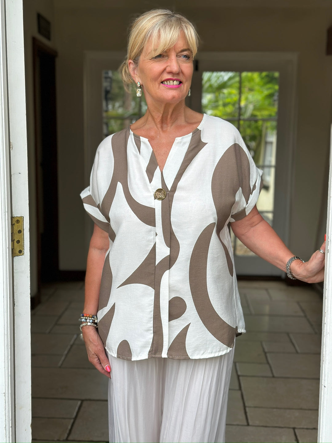 Swirl Print Button-Neck Top | Taupe