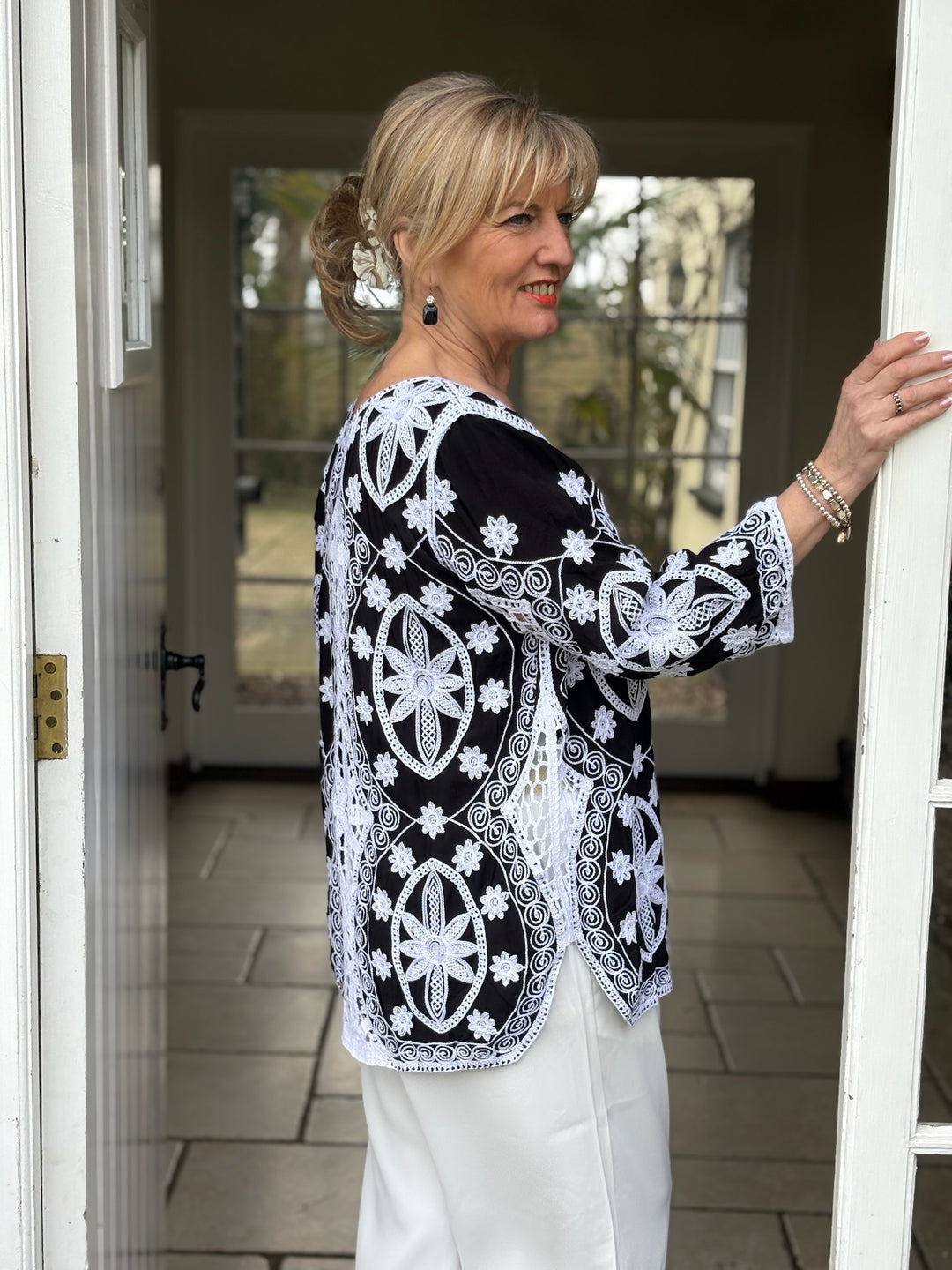 Floral Crochet Tapestry Design Top | Black