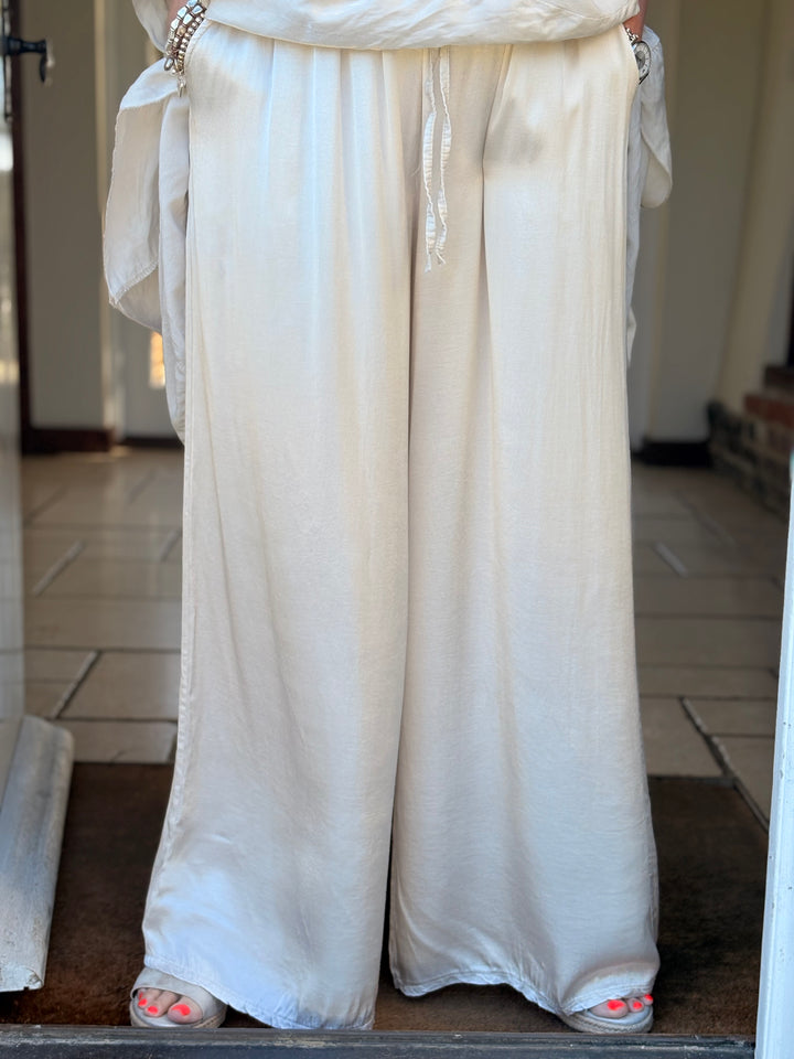 Satin Feel Floaty Trousers | Cream