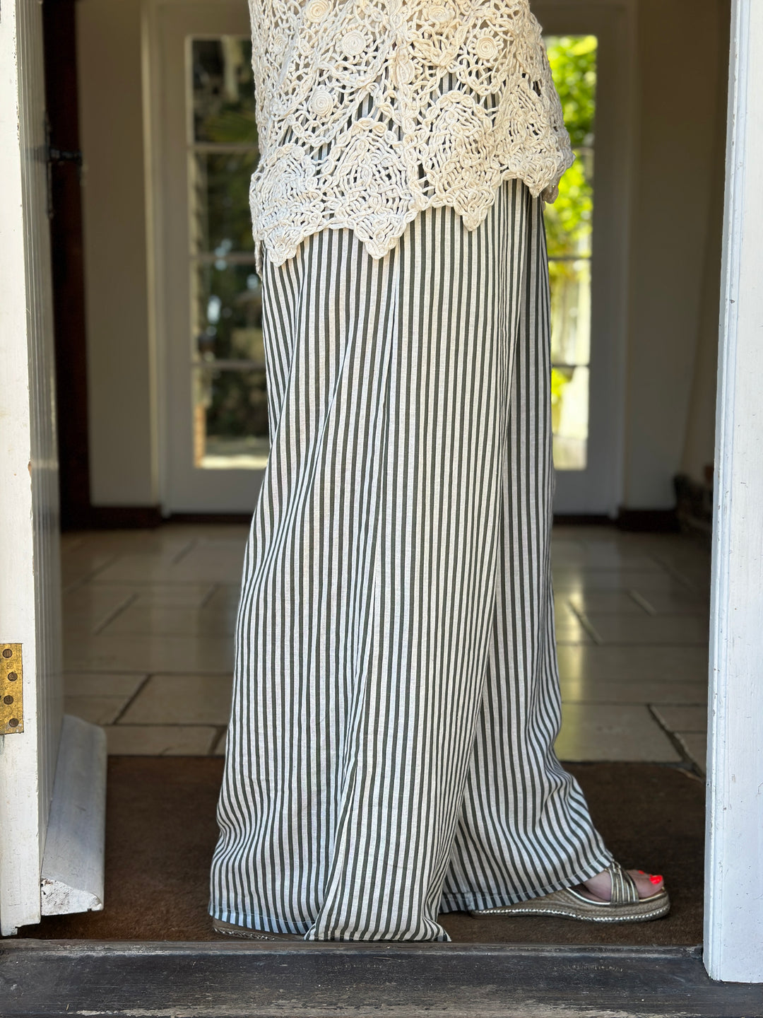 Wide Leg Linen Stripe Trouser | Khaki