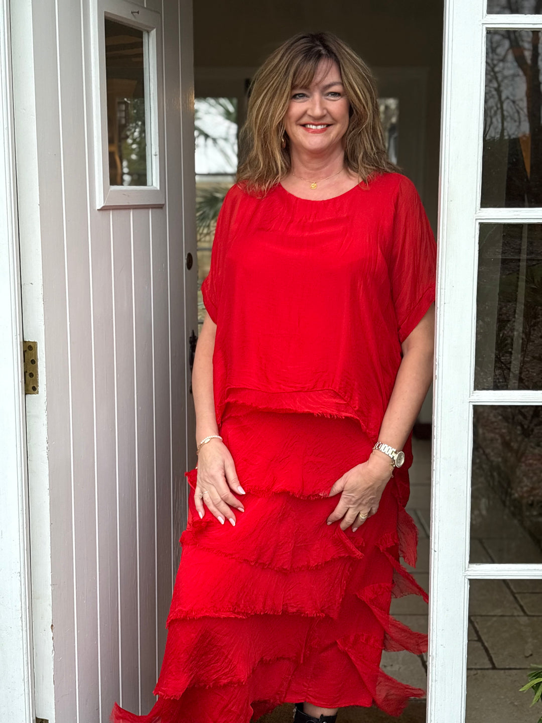 Silk Tiered Ruffle Dress | Ruby Red