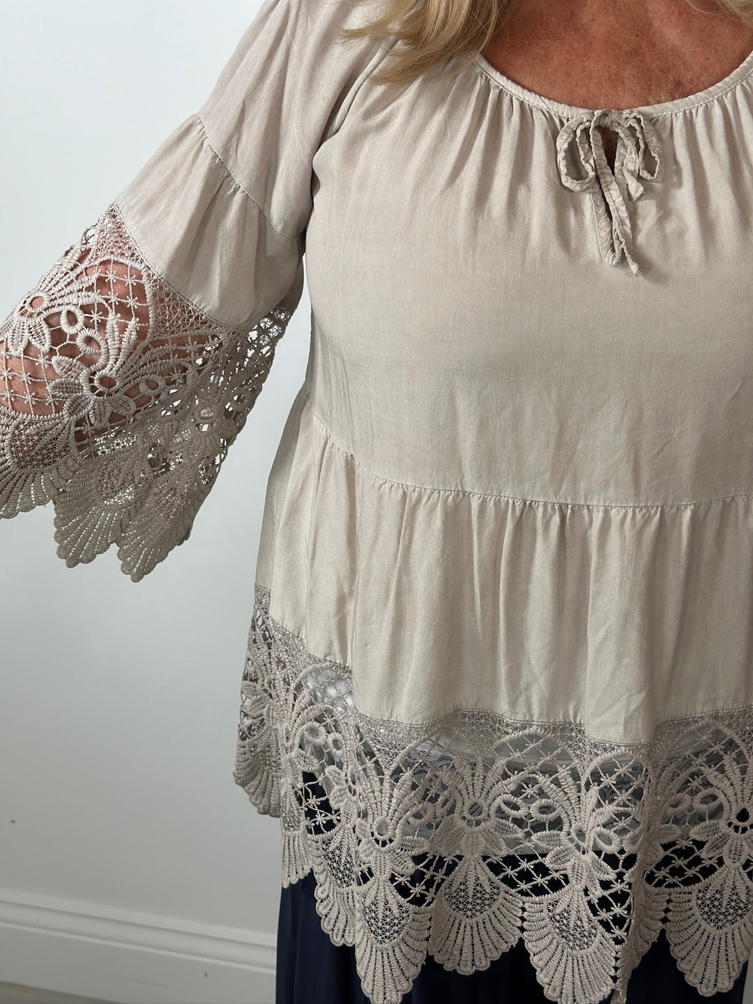 Floaty Crochet Detail Blouse | Taupe
