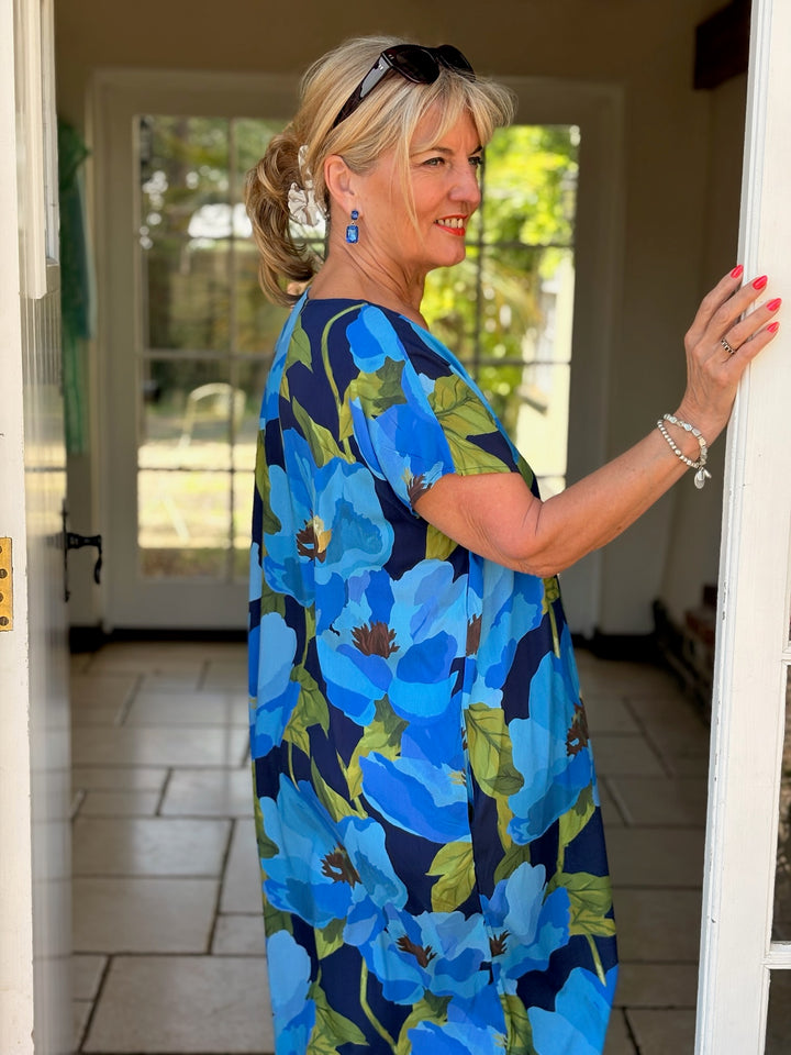 Floral V-neck Kaftan Dress | Blue
