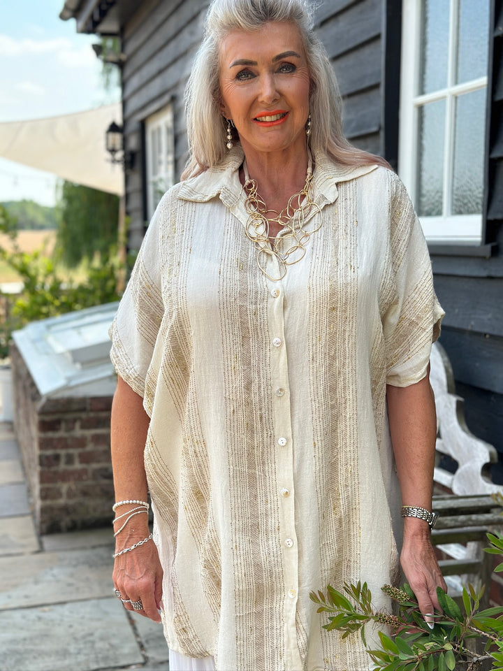 Metallic Stripe Longline Shirt | Oatmeal