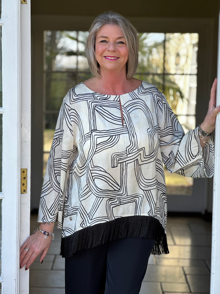 Flared Sleeve Abstract Top With Tassel Trim - Malissa J | Cream & Black