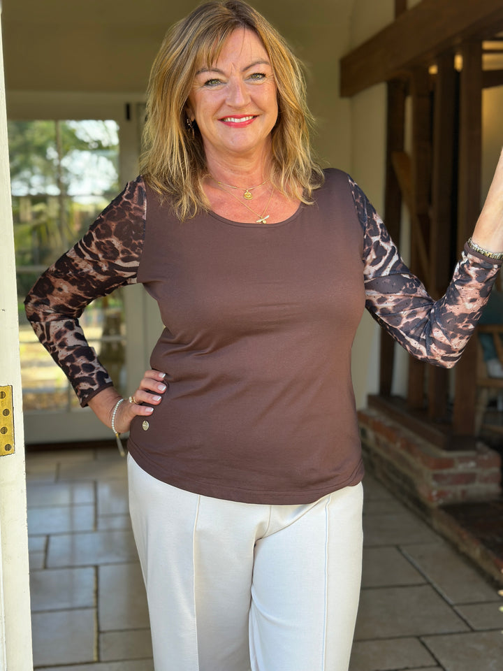 Sheer Long Sleeve Top - Malissa J | Chocolate Brown/Leopard