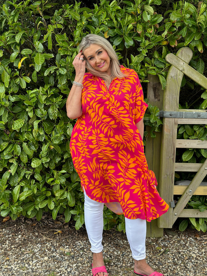 Abstract Print Tunic Dress | Fuchsia & Orange Leaf