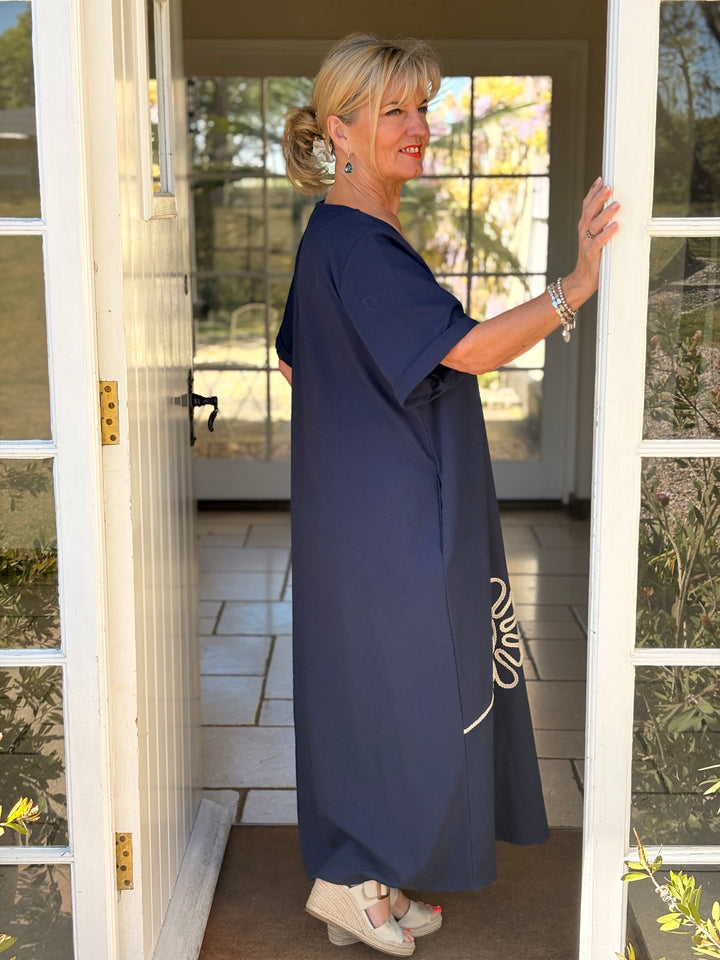 Embroidered Flower Print Tunic Dress | Navy