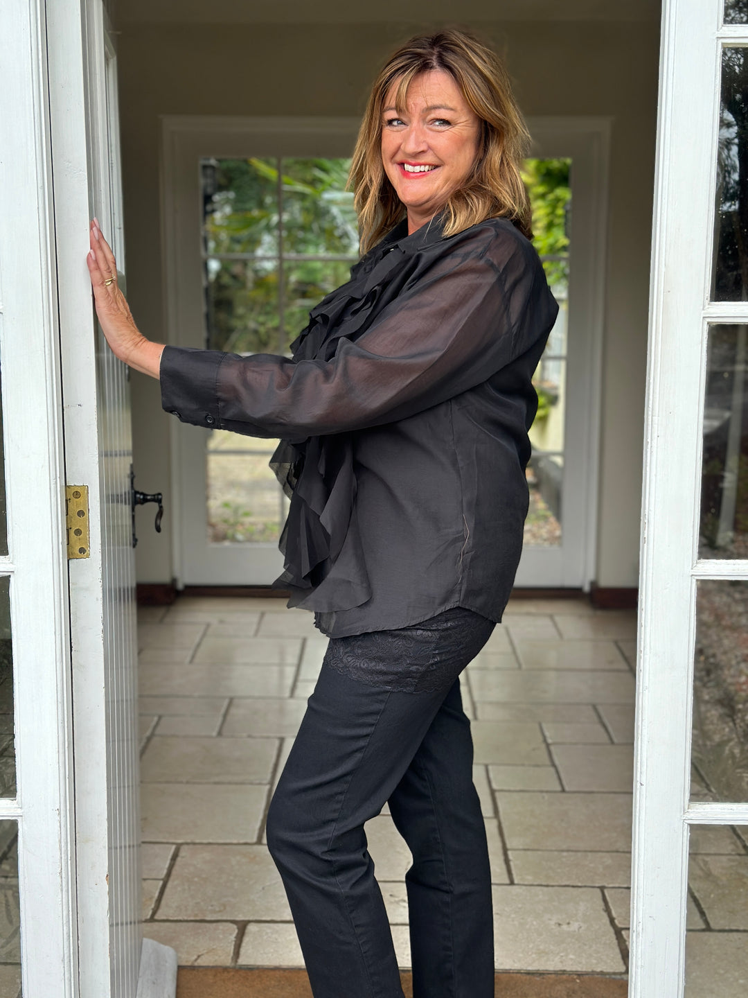 Ruffle Detail Sheer Button Blouse | Black