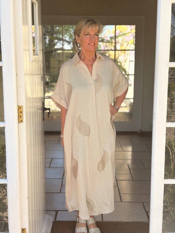 Shimmer Leaf Tunic Dress | Beige