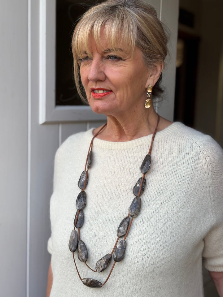 Boho Pebble Long Necklace | Brown