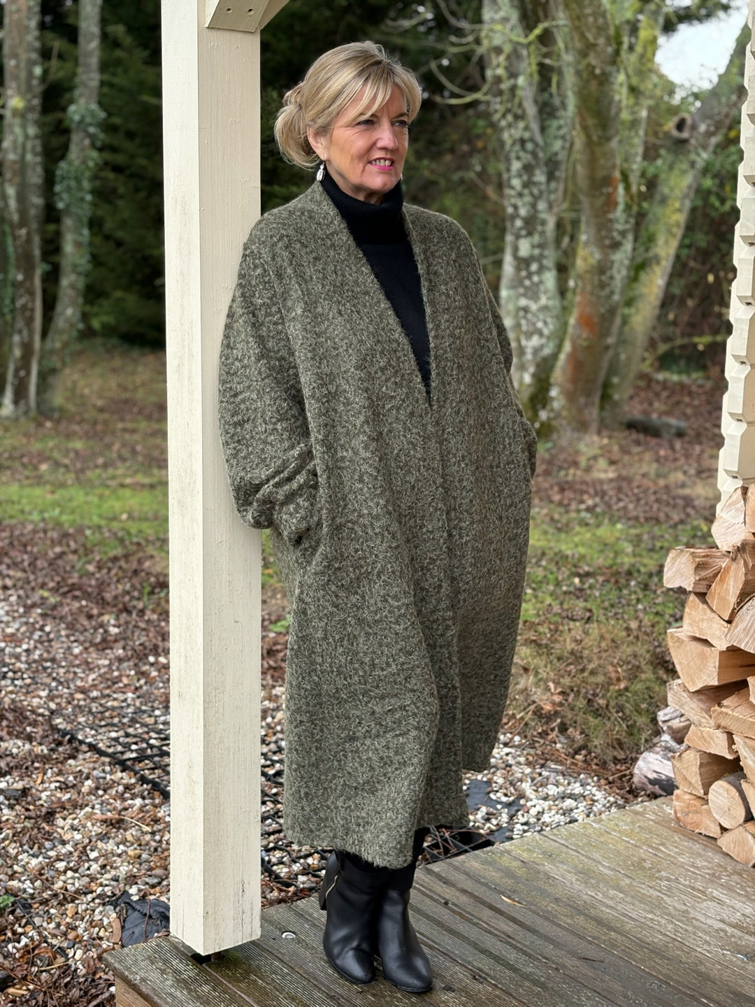 Brushed Longline Coat | Olive Green