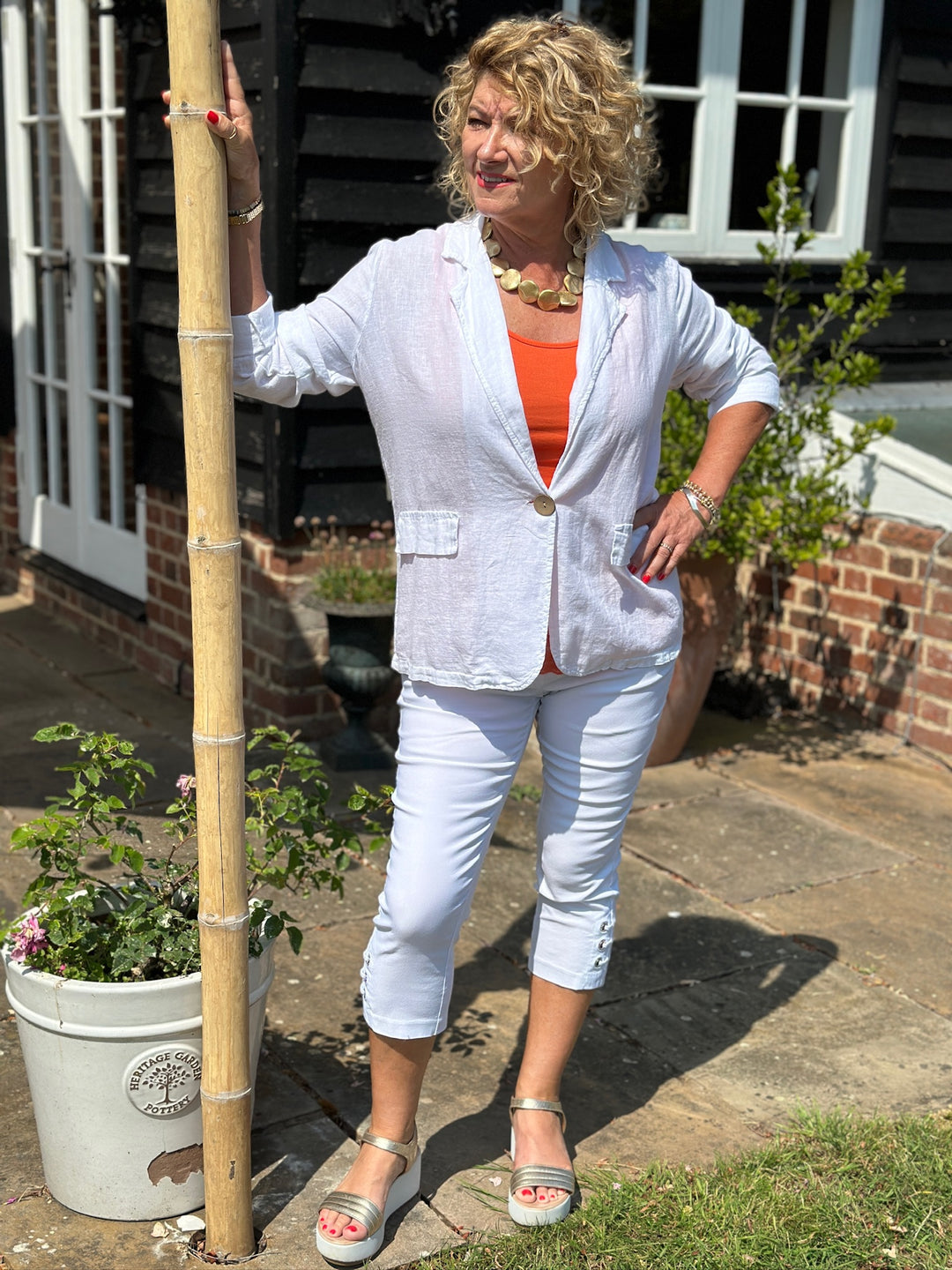 Linen-Blend Button Blazer | White