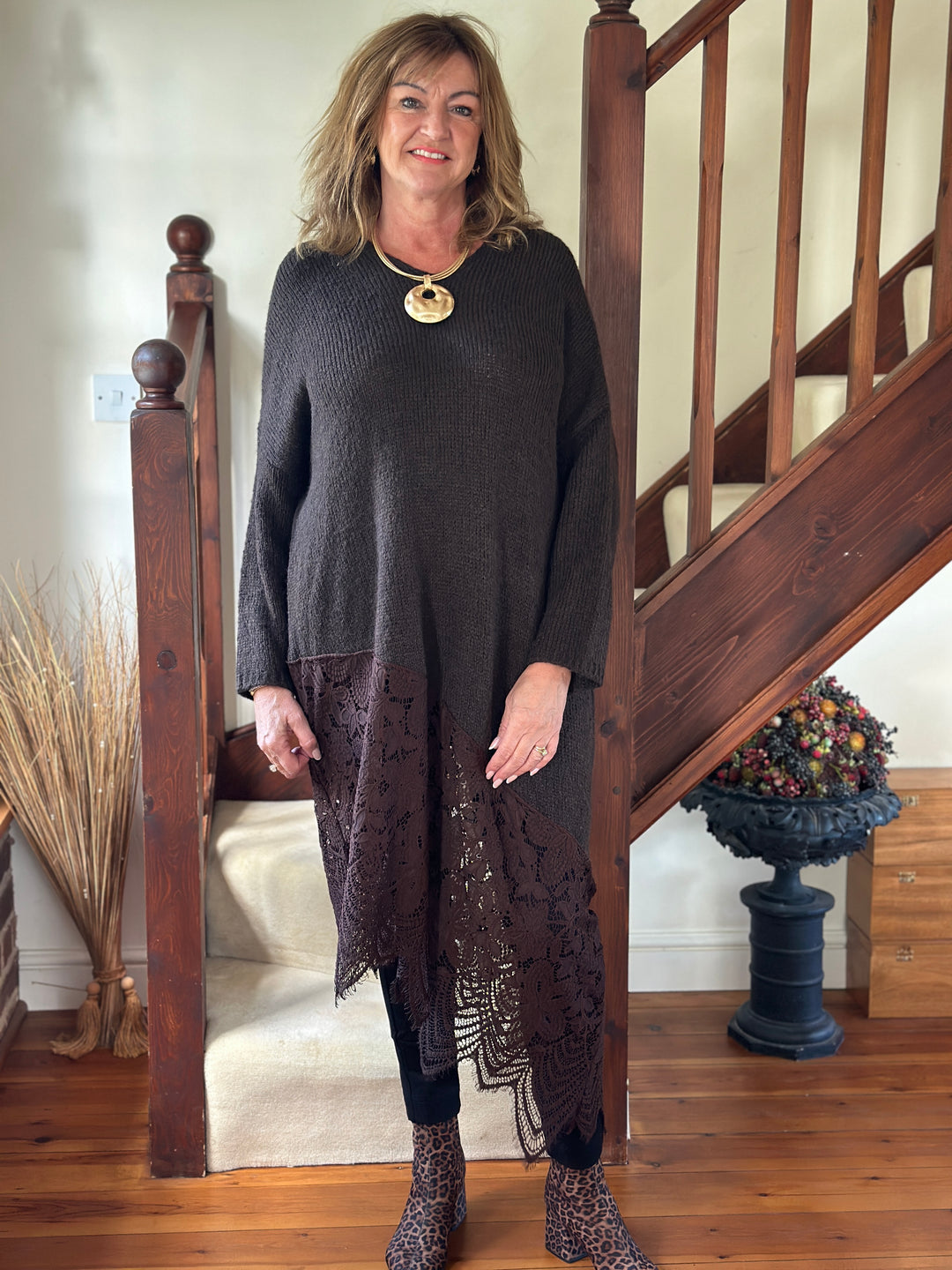 Lace Hem Knitted Jumper Dress | Chocolate Brown