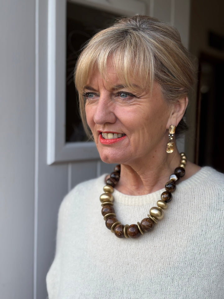 Chunky Marble Bead Necklace | Brown & Gold