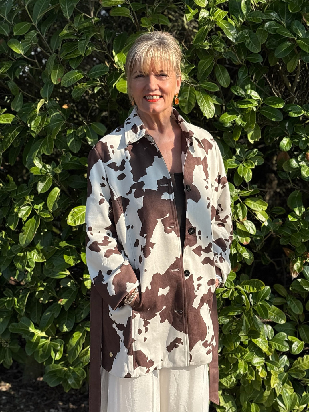 Cow Print Faux Suede Longline Belted Jacket - Malissa J