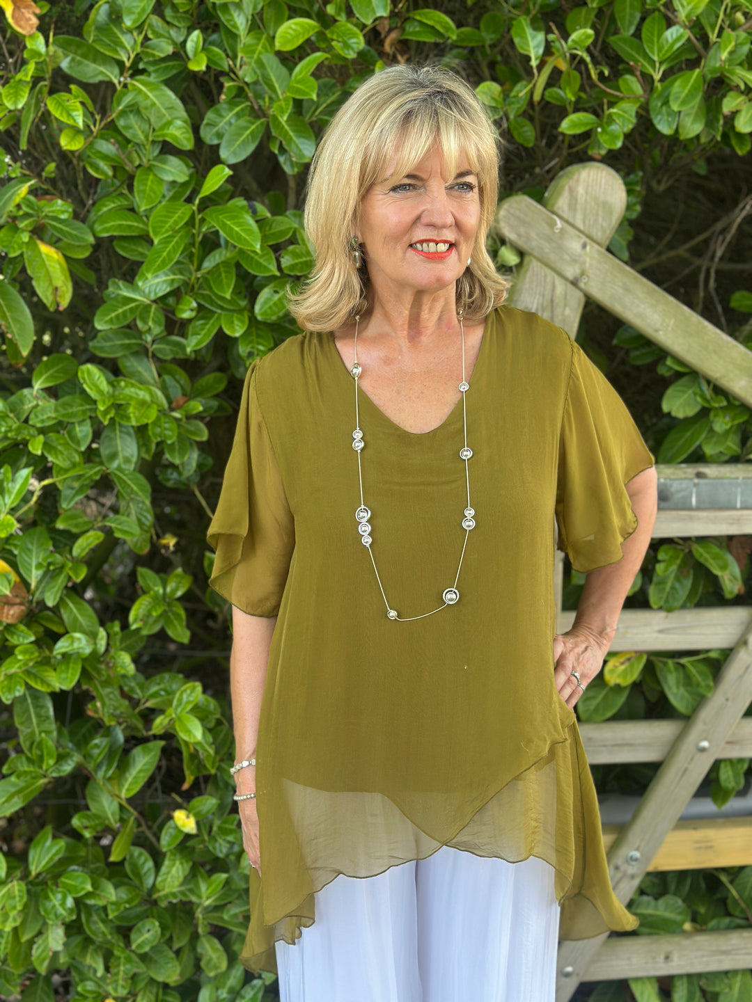 Layered Floaty Silk Blouse | Olive