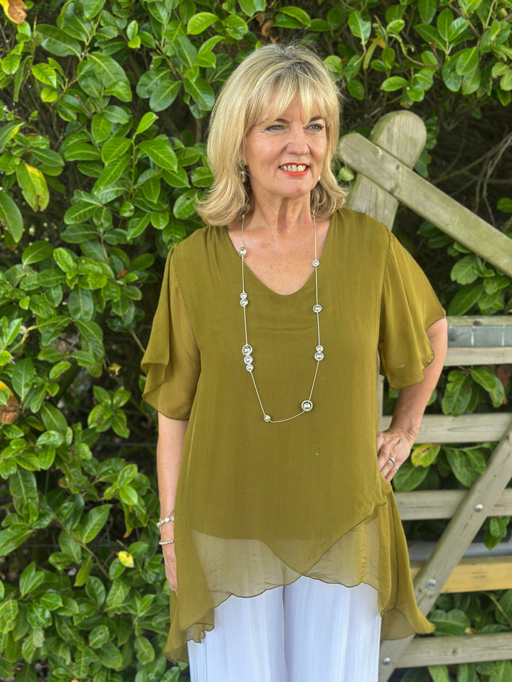 Layered Floaty Silk Blouse | Olive