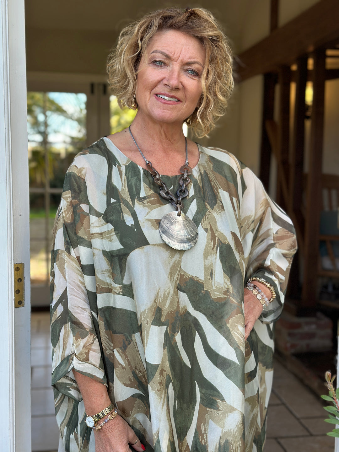 Mia Brushstroke Silk Blouse | Beige