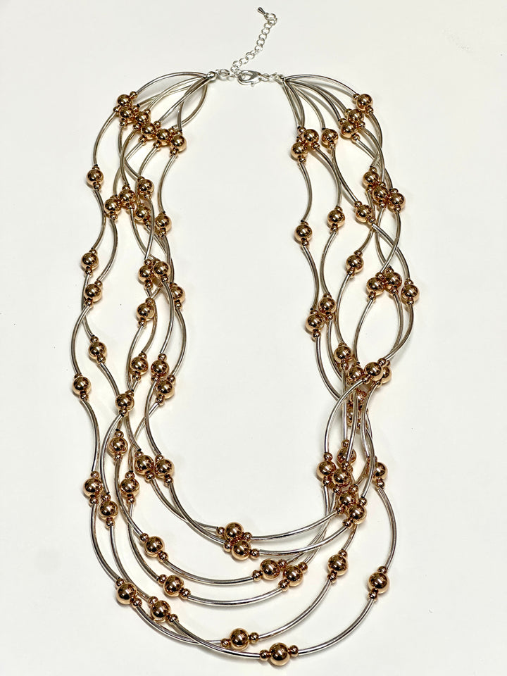 Layered Multi-Strand Beaded Necklace | Silver & Rose Gold