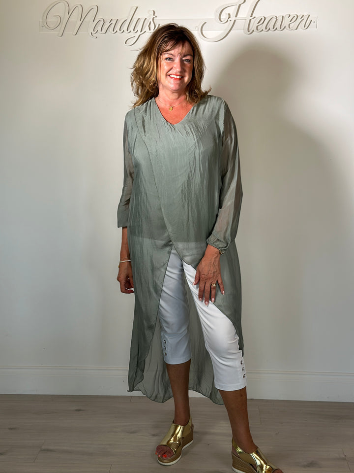 Silk Longline Cross Over Top | Slate