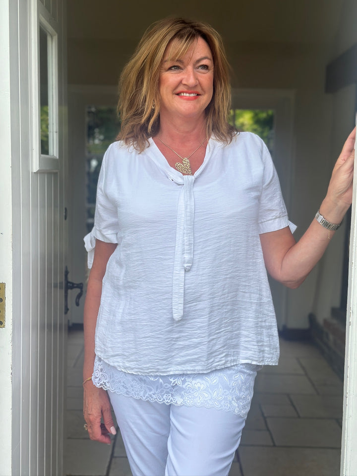 V-Neck Tie Top | White