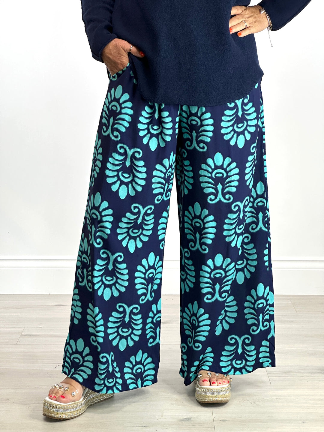 Wide Leg Printed Trousers | Turquoise Leaf