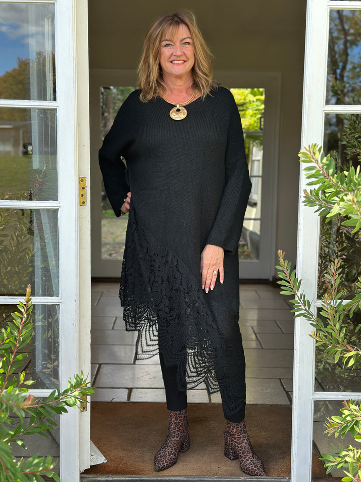 Lace Hem Knitted Jumper Dress | Black