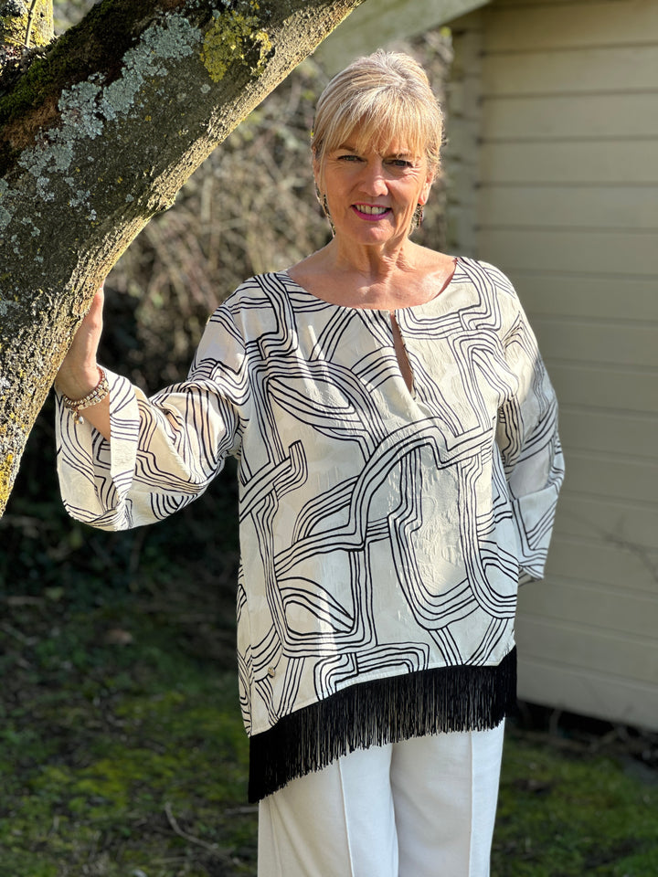 Flared Sleeve Abstract Top With Tassel Trim - Malissa J | Cream & Black