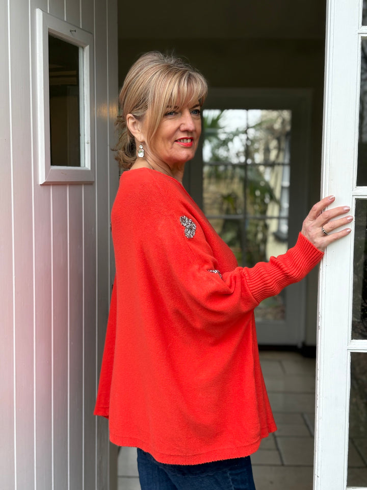 Embellished Heart Sleeve Soft Knit Top | Coral